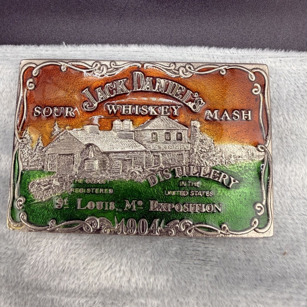 Vintage‎ Belt Buckle Jack Daniel's Whiskey Enamel Silver Tone Worlds Fair